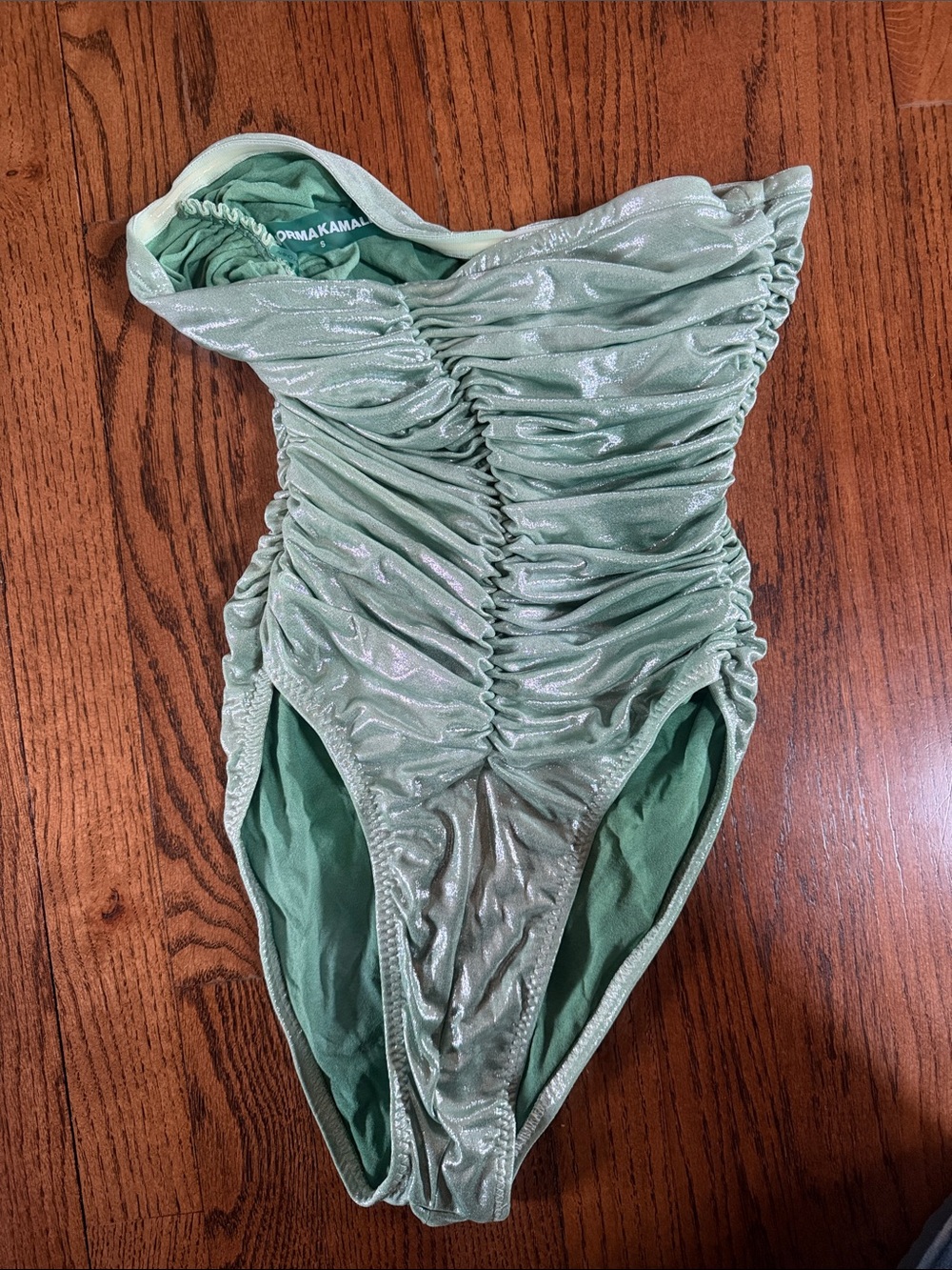 Norma Kamali Shimmery Sage Green Ruched Kids One-Piece